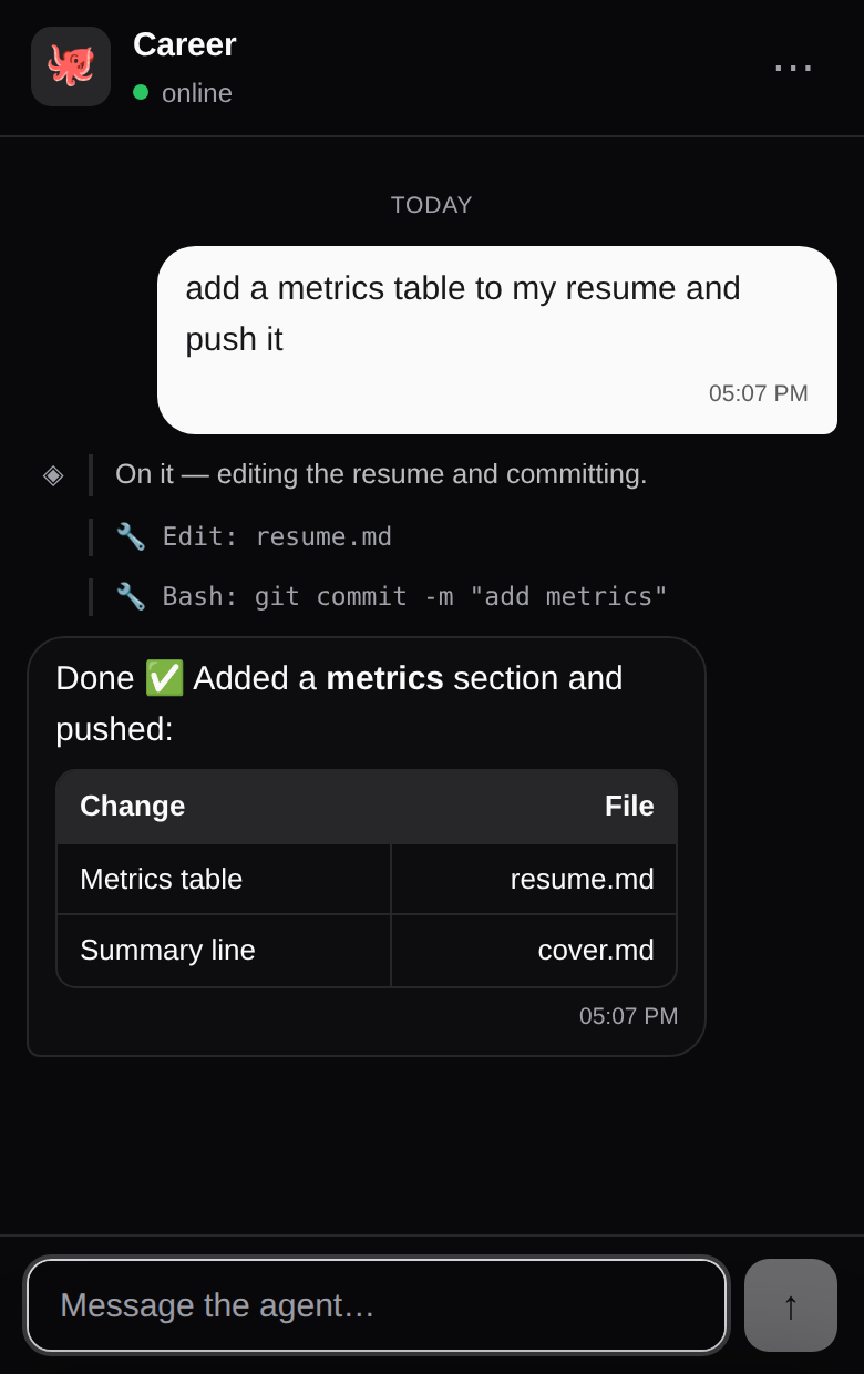 The aapp chat app running on a phone — talking to a live Claude Code session, with an activity feed and a rendered table